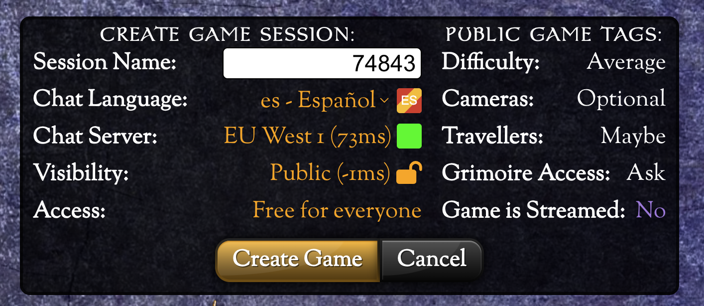 Crear una partida pública